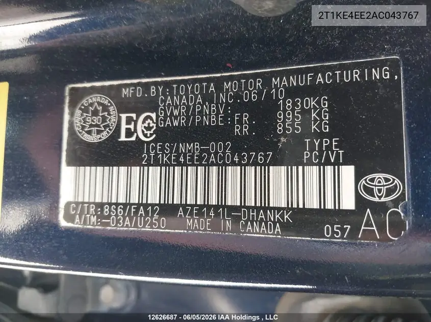 2010 Toyota Matrix Xr VIN: 2T1KE4EE2AC043767 Lot: 12626687