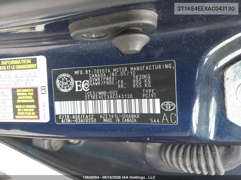 2010 Toyota Matrix Xr VIN: 2T1KE4EEXAC043130 Lot: 12628064