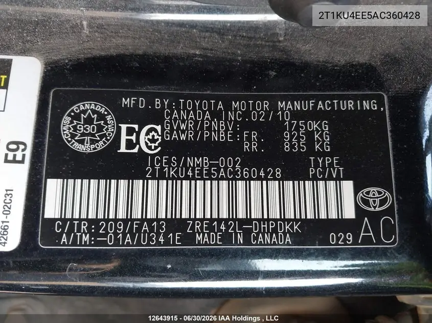 2T1KU4EE5AC360428 2010 Toyota Matrix Wagon