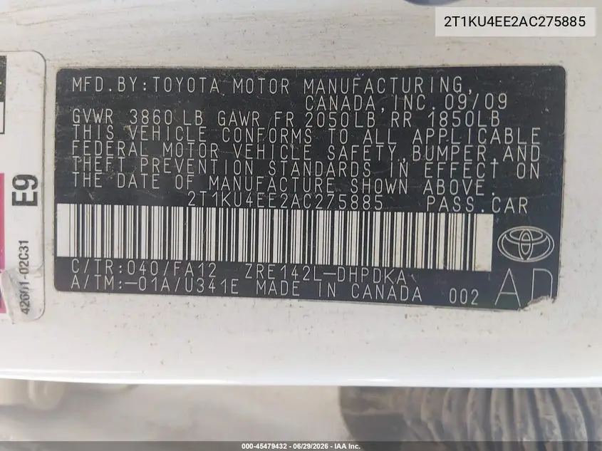 2010 Toyota Matrix VIN: 2T1KU4EE2AC275885 Lot: 45479432