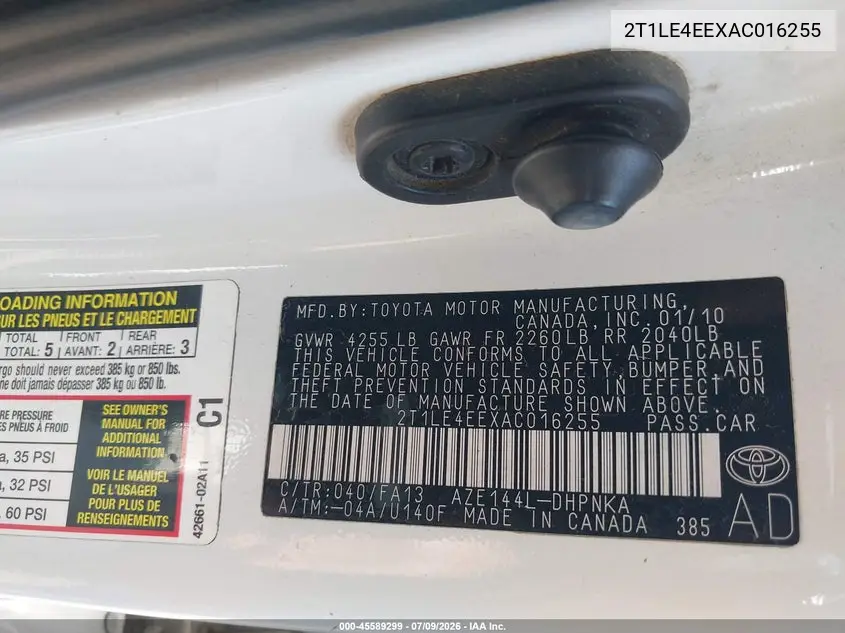 2010 Toyota Matrix S VIN: 2T1LE4EEXAC016255 Lot: 45589299