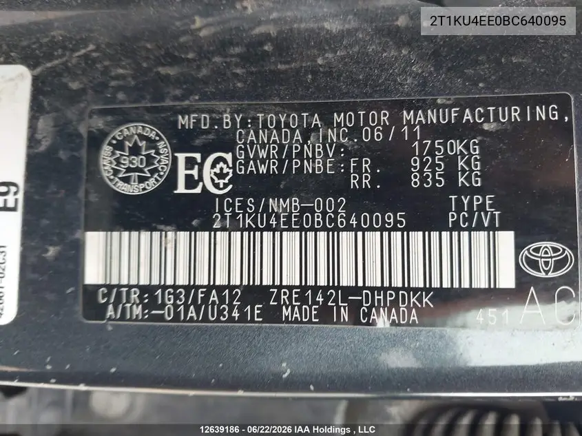 2011 Toyota Matrix VIN: 2T1KU4EE0BC640095 Lot: 12639186