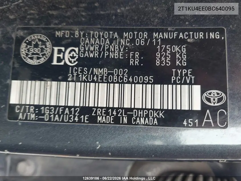 2011 Toyota Matrix VIN: 2T1KU4EE0BC640095 Lot: 12639186