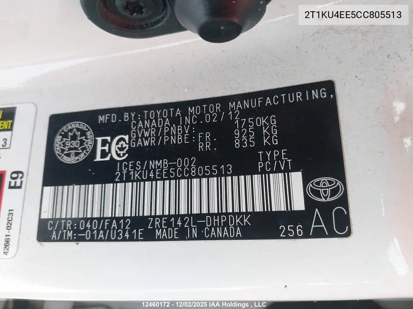 2012 Toyota Matrix Wagon VIN: 2T1KU4EE5CC805513 Lot: 12460172