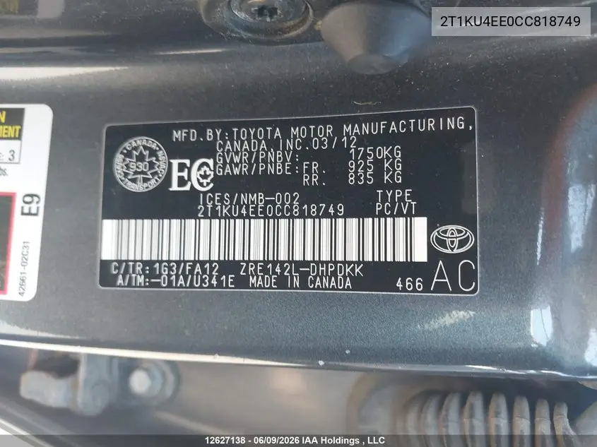 2012 Toyota Matrix VIN: 2T1KU4EE0CC818749 Lot: 12627138