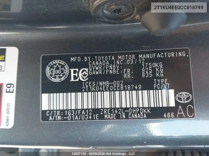 2012 Toyota Matrix VIN: 2T1KU4EE0CC818749 Lot: 12627138