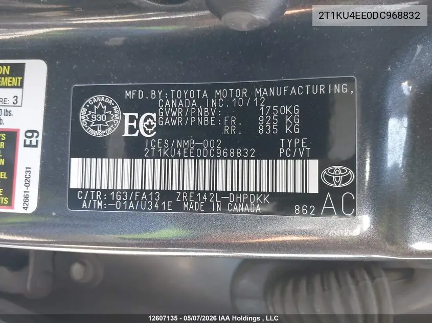 2013 Toyota Matrix Wagon VIN: 2T1KU4EE0DC968832 Lot: 12607135x