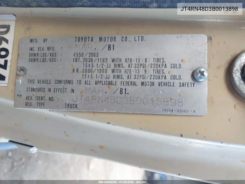 1981 Toyota Pickup Rn48 VIN: JT4RN48D3B0013898 Lot: 44268289