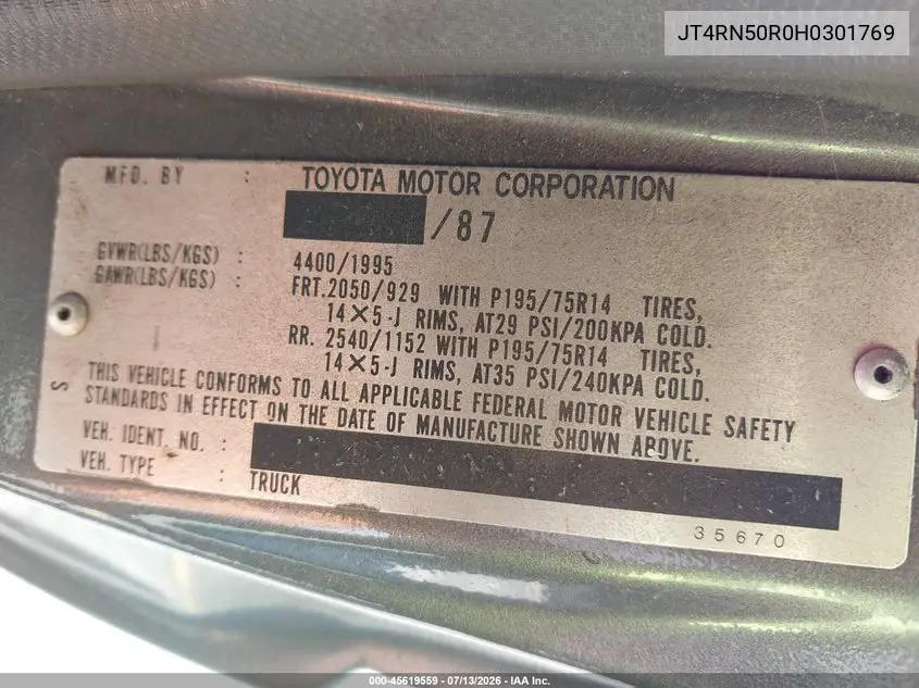 1987 Toyota Pickup 1/2 Ton Rn50 VIN: JT4RN50R0H0301769 Lot: 45619559