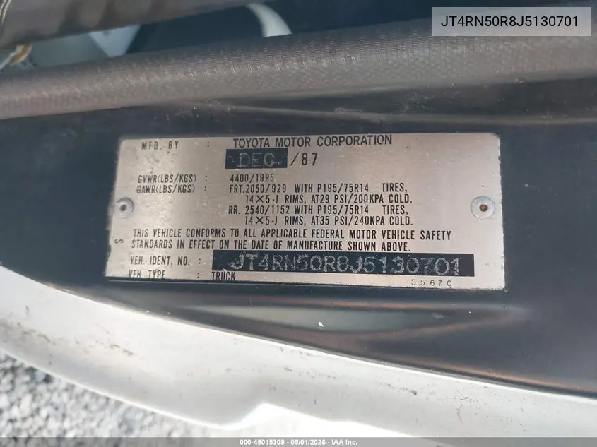 1988 Toyota Pickup 1/2 Ton Rn50 VIN: JT4RN50R8J5130701 Lot: 45015309