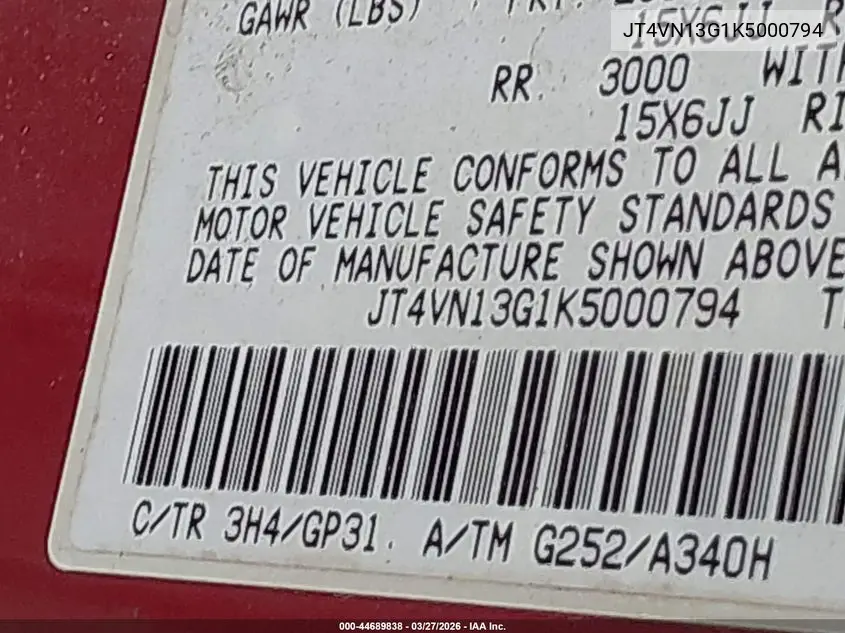 1989 Toyota Pickup 1/2 Ton Ex Long Whlbs Sr5 VIN: JT4VN13G1K5000794 Lot: 44689838