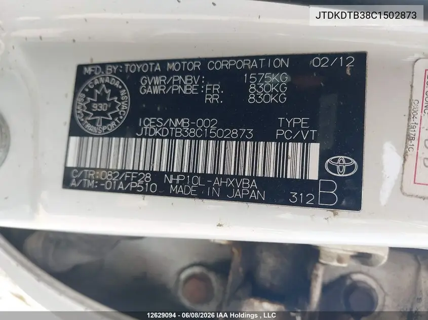 2012 Toyota Prius C VIN: JTDKDTB38C1502873 Lot: 12629094