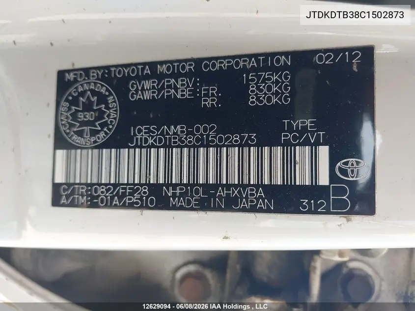 2012 Toyota Prius C VIN: JTDKDTB38C1502873 Lot: 12629094