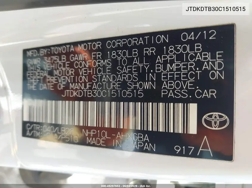 2012 Toyota Prius C Four VIN: JTDKDTB30C1510515 Lot: 45297653