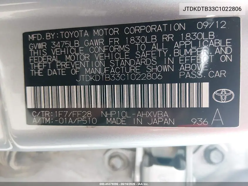 2012 Toyota Prius C Two VIN: JTDKDTB33C1022806 Lot: 45379396