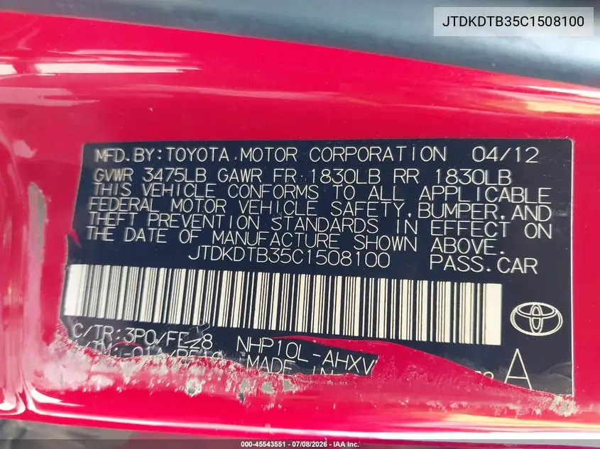 2012 Toyota Prius C One VIN: JTDKDTB35C1508100 Lot: 45543551