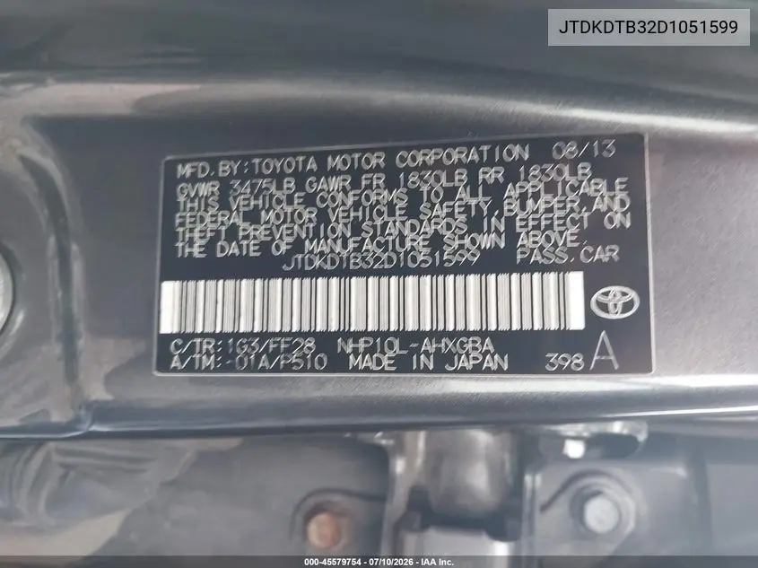 2013 Toyota Prius C Three VIN: JTDKDTB32D1051599 Lot: 45579754