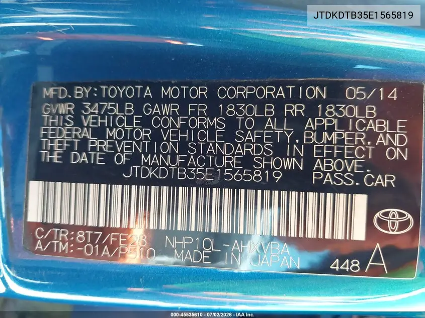 2014 Toyota Prius C One VIN: JTDKDTB35E1565819 Lot: 45535610