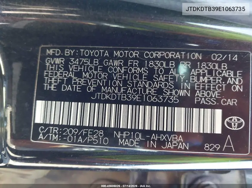 2014 Toyota Prius C One VIN: JTDKDTB39E1063735 Lot: 45606026