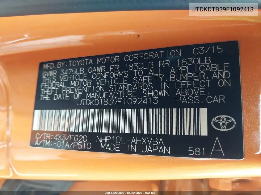 2015 Toyota Prius C Two VIN: JTDKDTB39F1092413 Lot: 45200029