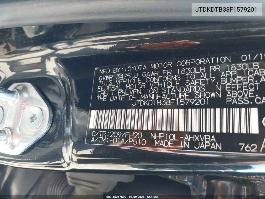 2015 Toyota Prius C One VIN: JTDKDTB38F1579201 Lot: 45247690