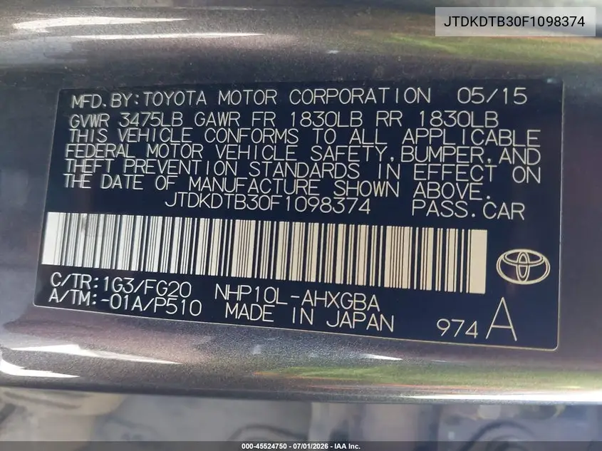 2015 Toyota Prius C Three VIN: JTDKDTB30F1098374 Lot: 45524750