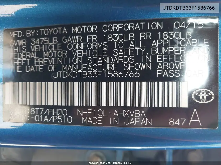 2015 Toyota Prius C One VIN: JTDKDTB33F1586766 Lot: 45618208