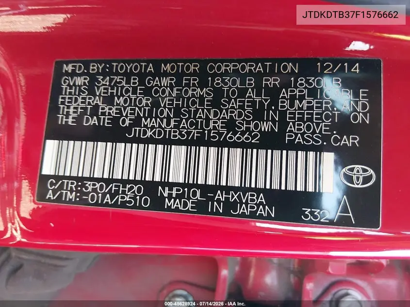 2015 Toyota Prius C One VIN: JTDKDTB37F1576662 Lot: 45628924