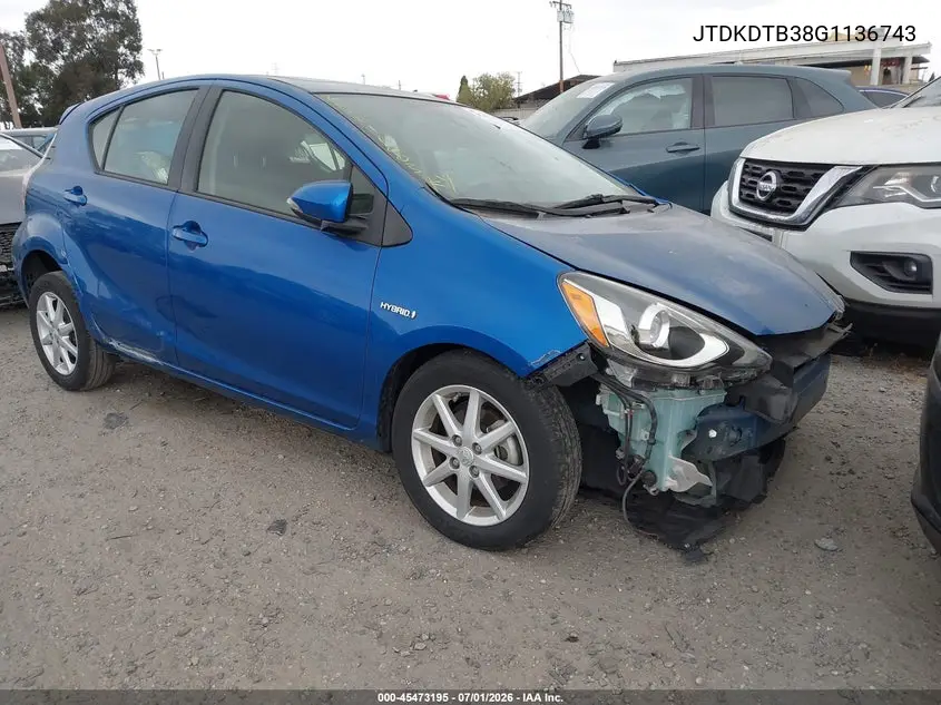 2016 Toyota Prius C Three VIN: JTDKDTB38G1136743 Lot: 45473195