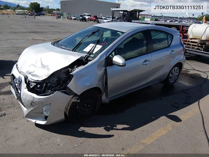2016 Toyota Prius C Two VIN: JTDKDTB33G1115251 Lot: 45482512