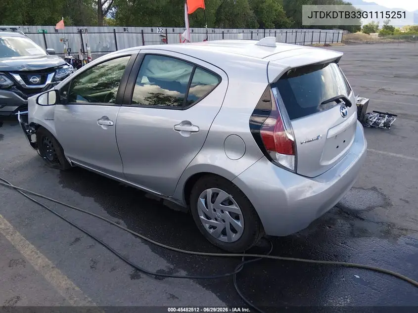2016 Toyota Prius C Two VIN: JTDKDTB33G1115251 Lot: 45482512