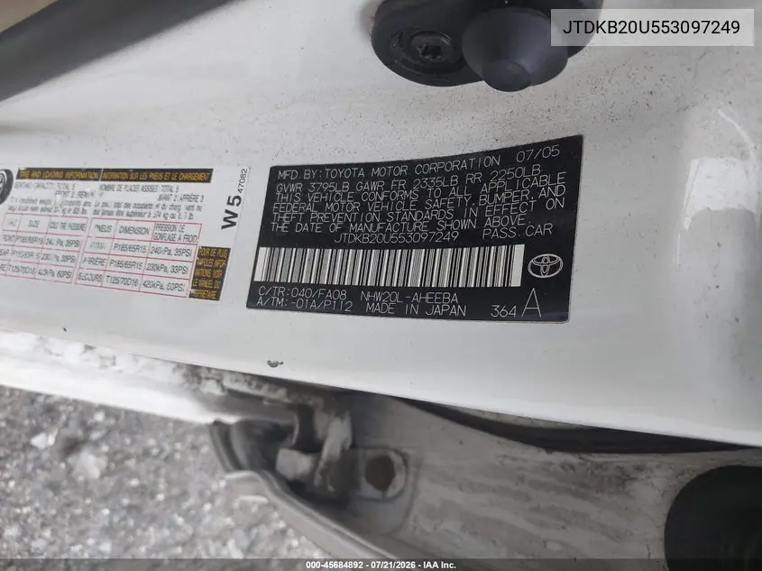 2005 Toyota Prius VIN: JTDKB20U553097249 Lot: 45684892