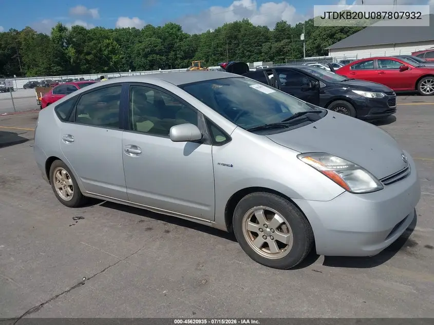 2008 Toyota Prius VIN: JTDKB20U087807932 Lot: 45620935