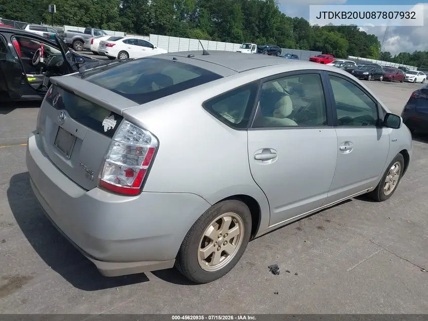 2008 Toyota Prius VIN: JTDKB20U087807932 Lot: 45620935