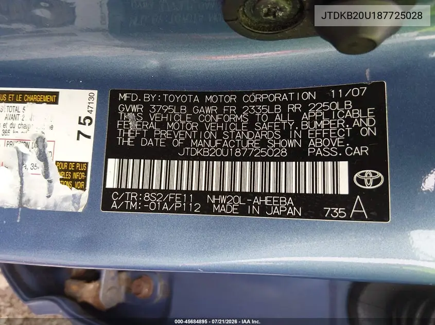 2008 Toyota Prius VIN: JTDKB20U187725028 Lot: 45684895