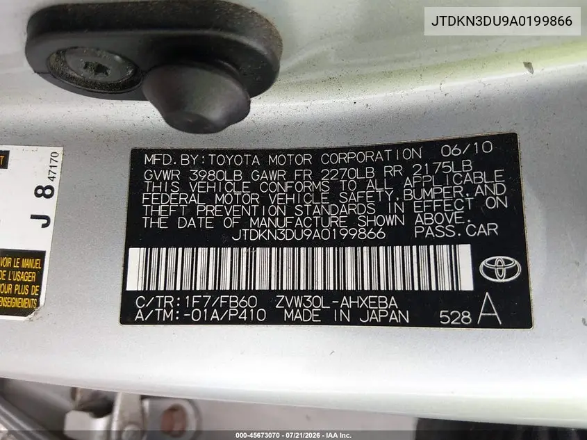 2010 Toyota Prius Ii VIN: JTDKN3DU9A0199866 Lot: 45673070