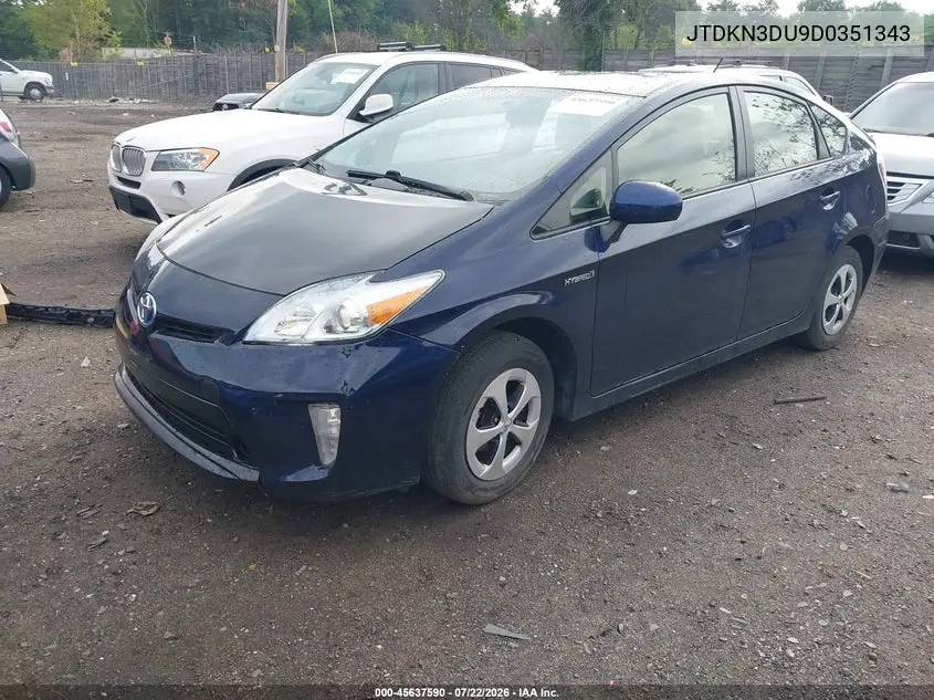 2013 Toyota Prius Two VIN: JTDKN3DU9D0351343 Lot: 45637590