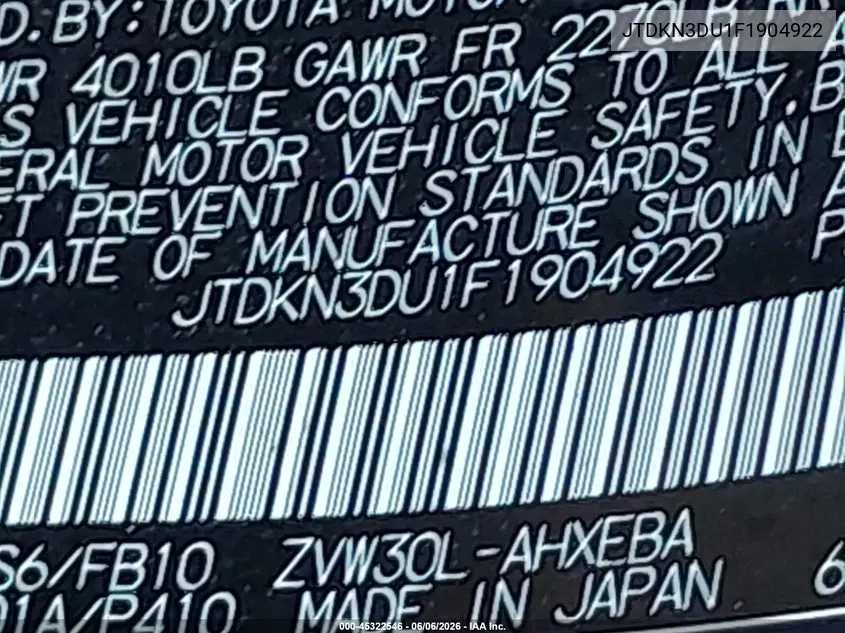 2015 Toyota Prius Three VIN: JTDKN3DU1F1904922 Lot: 45322546