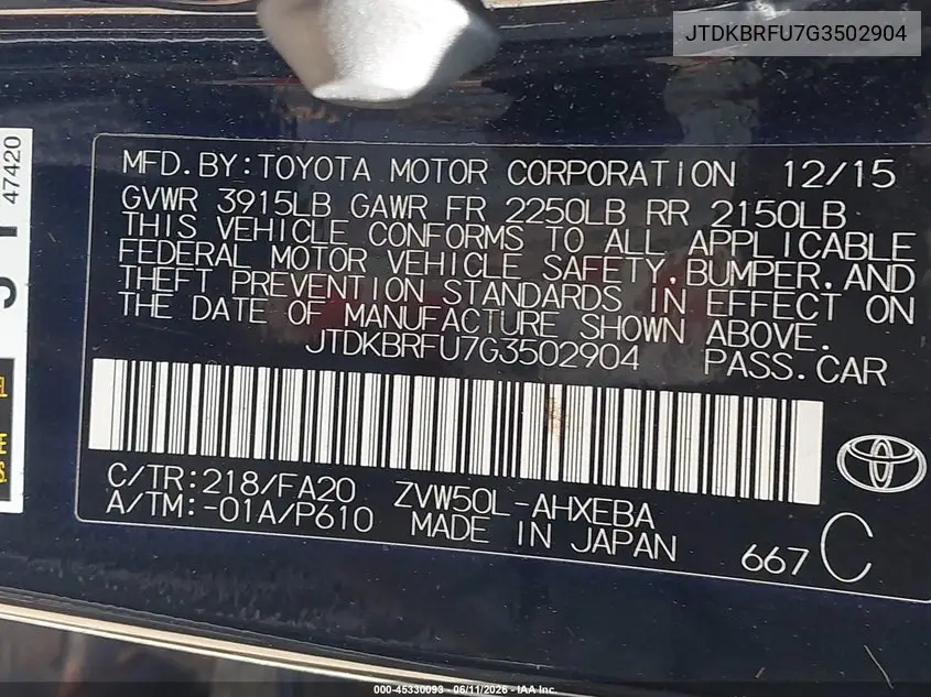 2016 Toyota Prius Two VIN: JTDKBRFU7G3502904 Lot: 45330093