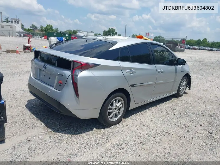2018 Toyota Prius VIN: JTDKBRFU6J3604802 Lot: 45651703