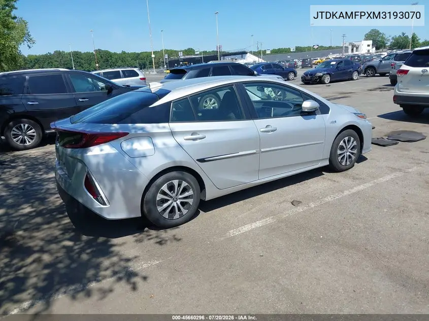 2021 Toyota Prius Prime Le VIN: JTDKAMFPXM3193070 Lot: 45660296