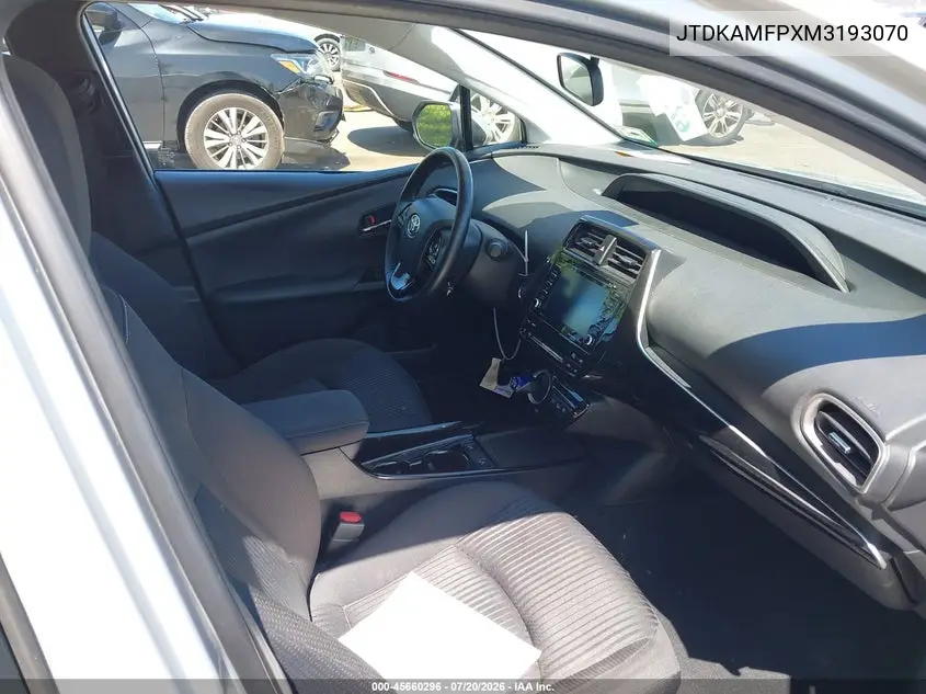 2021 Toyota Prius Prime Le VIN: JTDKAMFPXM3193070 Lot: 45660296