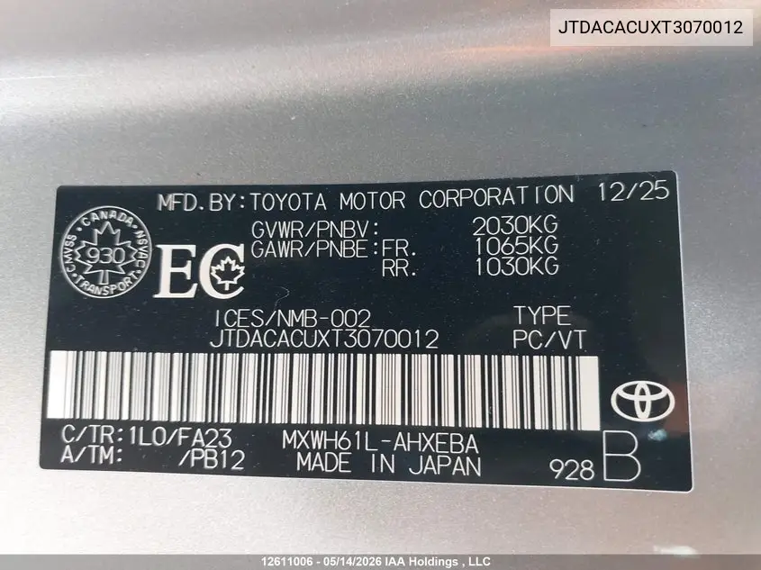 2026 Toyota Prius Se/Xse/Xse Premium/Night Shade VIN: JTDACACUXT3070012 Lot: 12611006