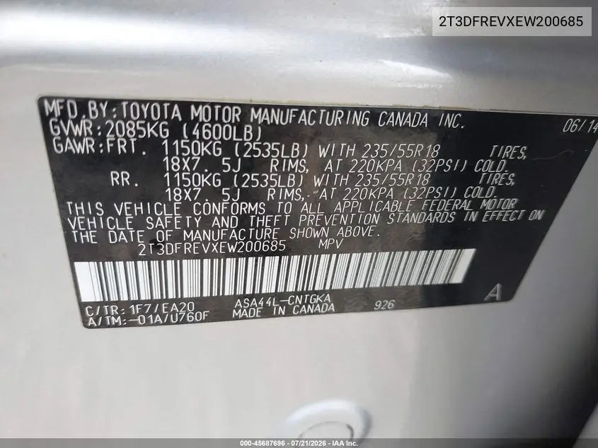 2014 Toyota Rav4 Limited VIN: 2T3DFREVXEW200685 Lot: 45687696