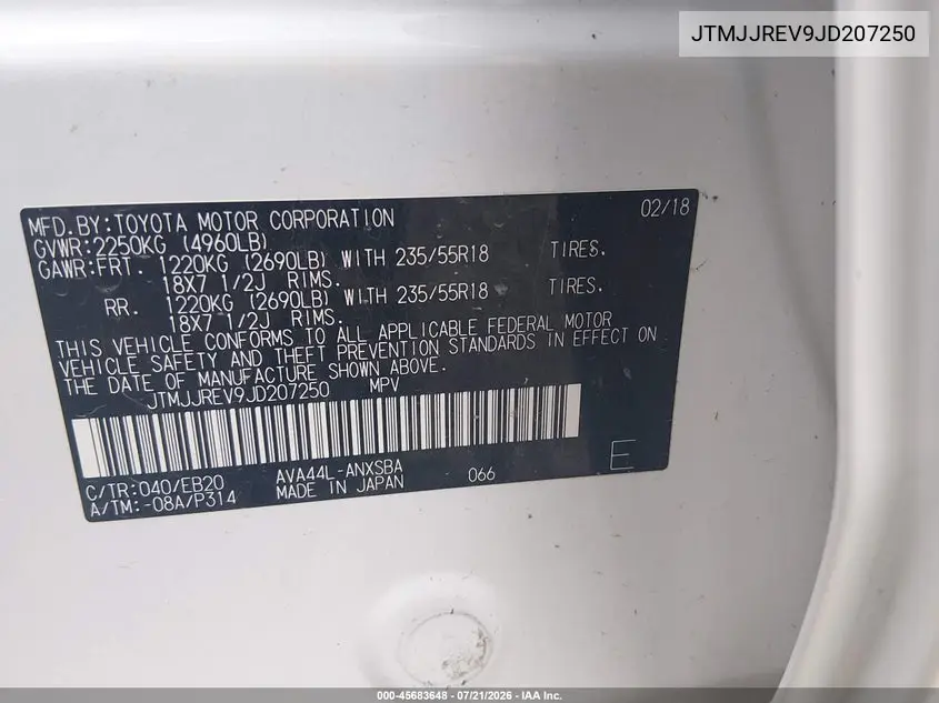 2018 Toyota Rav4 Hybrid Se VIN: JTMJJREV9JD207250 Lot: 45683648