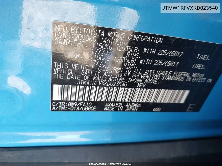 JTMW1RFVXKD023540 2019 Toyota Rav4 Xle