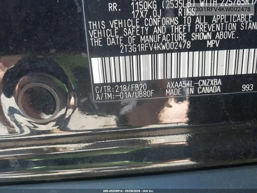 2T3G1RFV4KW002478 2019 Toyota Rav4 Le