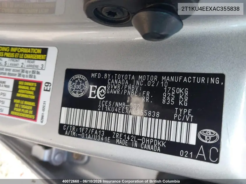 2010 Toyota Corolla Matrix VIN: 2T1KU4EEXAC355838 Lot: 40072660