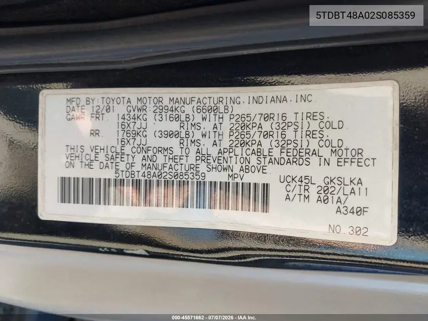 2002 Toyota Sequoia Limited V8 VIN: 5TDBT48A02S085359 Lot: 45571662