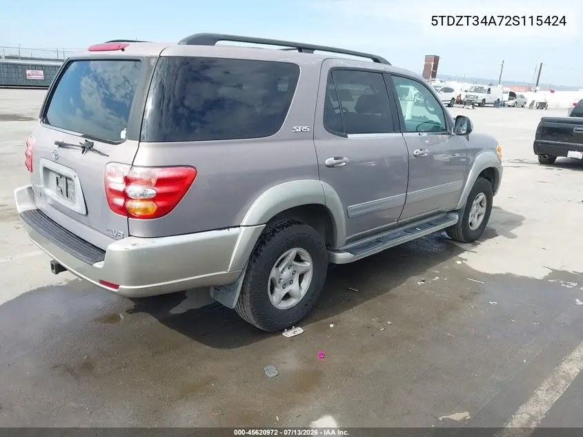 2002 Toyota Sequoia Sr5 V8 VIN: 5TDZT34A72S115424 Lot: 45620972